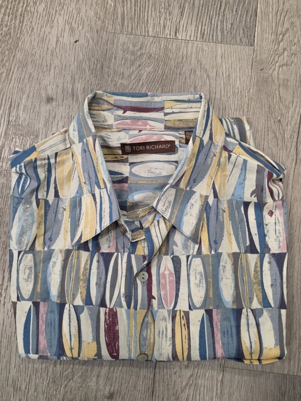 Tori Richard Mens Surfboard Print Cotton Button-Up Shirt Size L Made In Hawaii